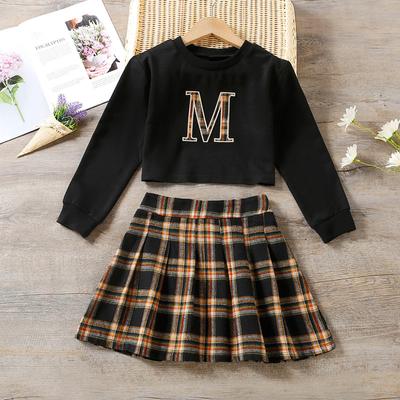 Teen Girls 2pcs Letter Plaid Print Long Sleeve Top & Plaid Skirt