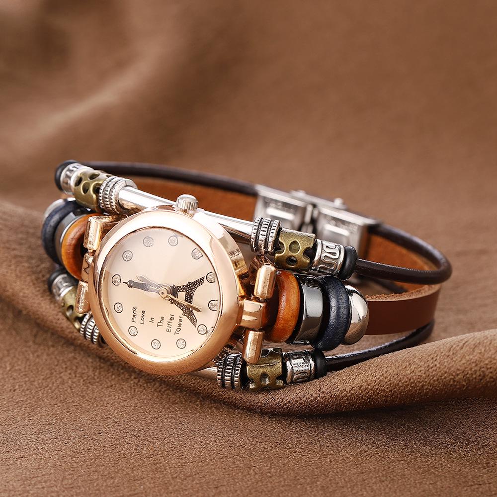 Retro Multi-Style Cowhide Quartz Bracelet Watch - Handmade Multi-Layer Stainless Steel Circle Jewelry