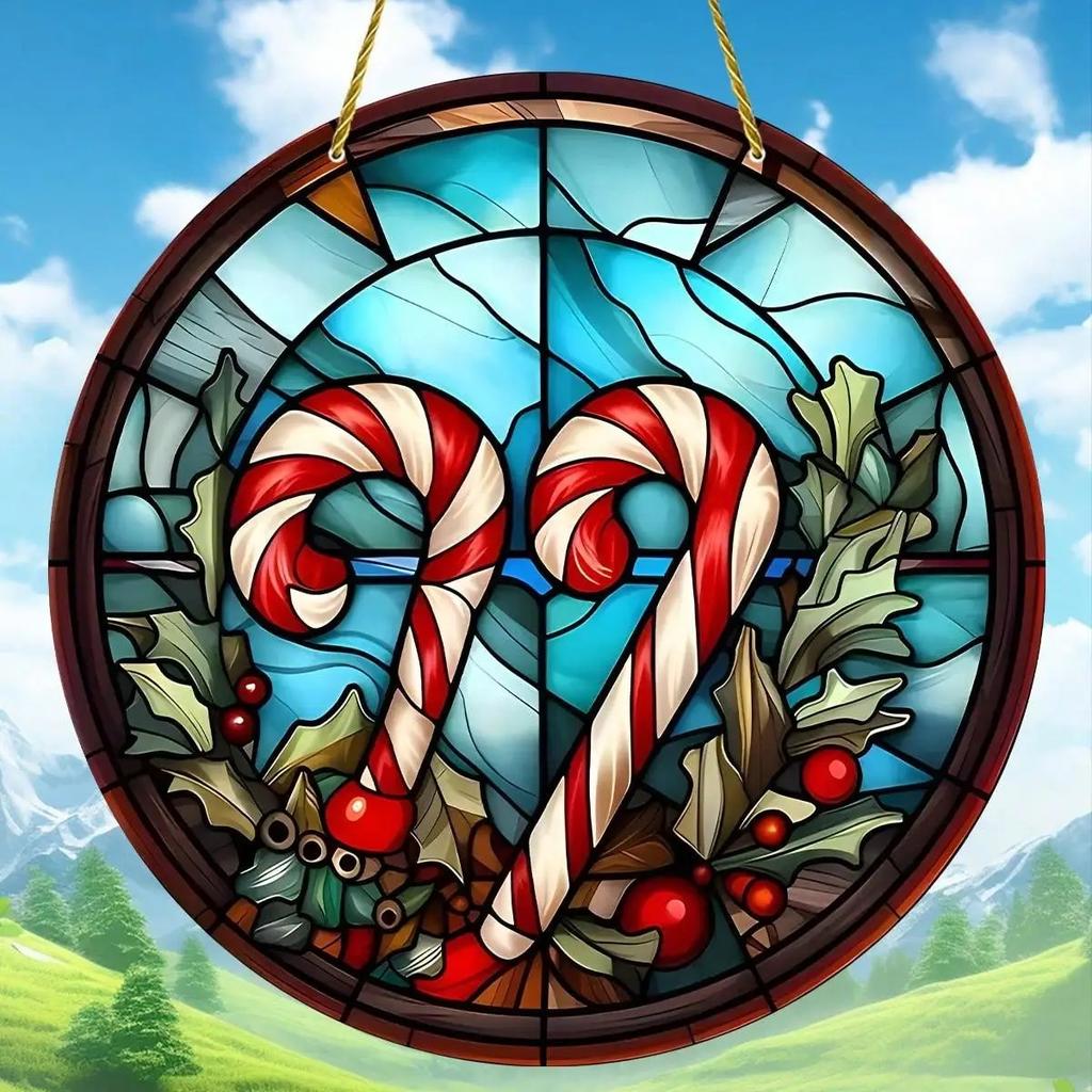 Charming Snowman Suncatcher Round Acrylic Stained Glass-Style Window Hanging Panel Window Decoration Wreath Sign Garden Pendants
