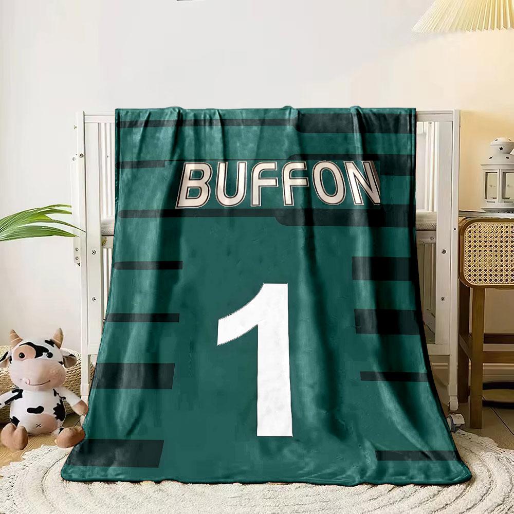 

A teal background with a bold BUFFON and large white number 1 . for all seasons blanket lunch break throw gift 80cm x 120cm