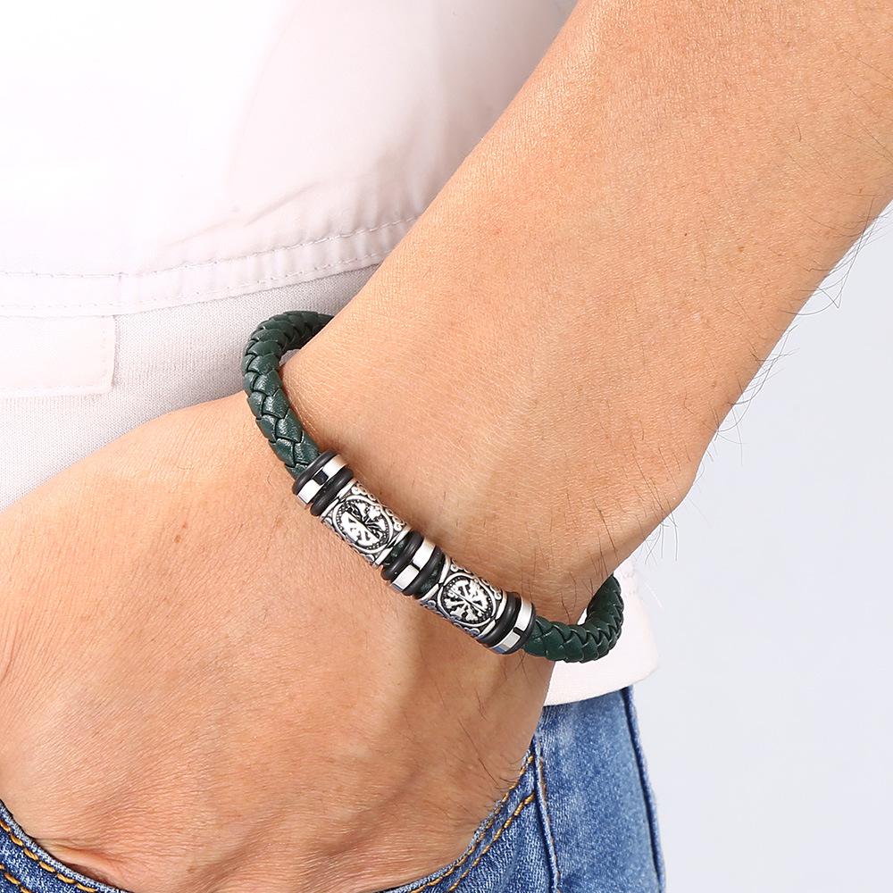 Trendy European-American Woven Leather & Stainless Steel Bracelet
