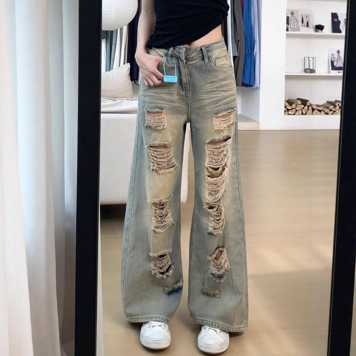 Men s American-Style Distressed Ripped Jeans - Spring/Autumn, Straight, Loose Fit with High Street Vibe S синий