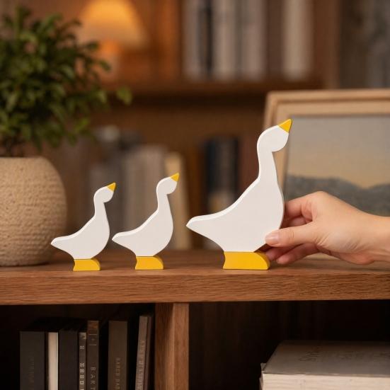 3Pcs Goose Wood Table Sign, Nordic Style Minimalist Solid Wood Decorative Ducks Set, Tabletop Centerpieces for Home Office Kids Room Shelf Decor