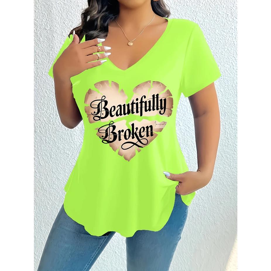 

Женская элегантная футболка с V-образным вырезом большого размера - с коротким рукавом, удобный топ с принтом для весны/лета, дизайн сердца Beautifully Broken , повседневная одежда XS зелёный