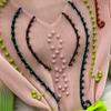 Elegant Beaded Embroidery Oversize Pleated Dress Women Summer Gradient Pink Green V Neck Ruffle Belt High Elastic Midi Dress