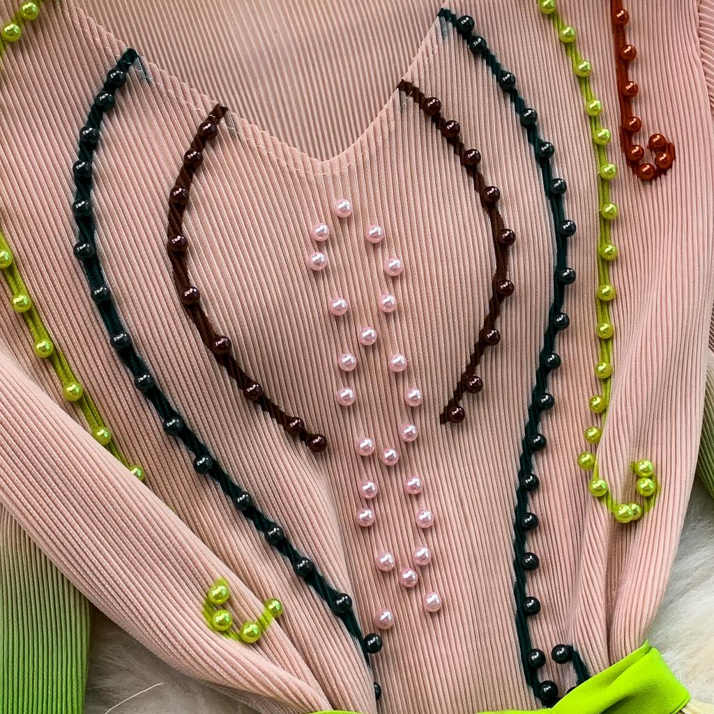 Elegant Beaded Embroidery Oversize Pleated Dress Women Summer Gradient Pink Green V Neck Ruffle Belt High Elastic Midi Dress