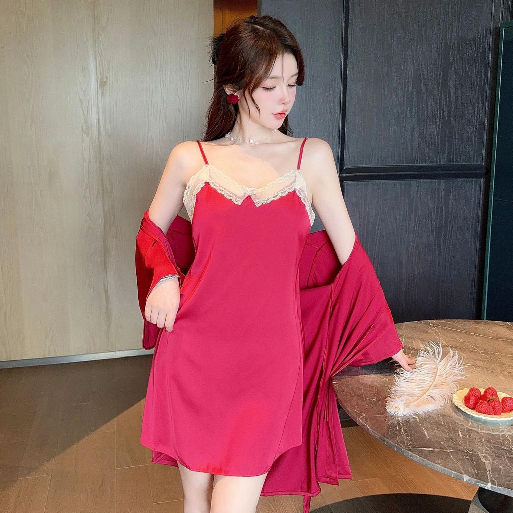 Sexy Pajamas Women Ice Ribbon Chest Pad Lace Pure Wind Suspender Pajamas New Silk Loungewear