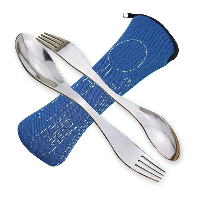 2Pcs Stainless Steel Spork 2-in-1 Spoon with Cutlery Bag Portable Camping Spork Reuseable Spoon Fork Kit Flatware Kitchen Tools4