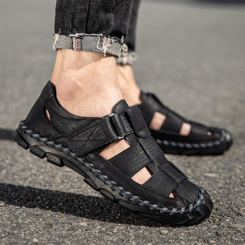 Mens Genuine Leather Sandals Breathable Outdoor Summer Casual Perforated Beach Shoes
