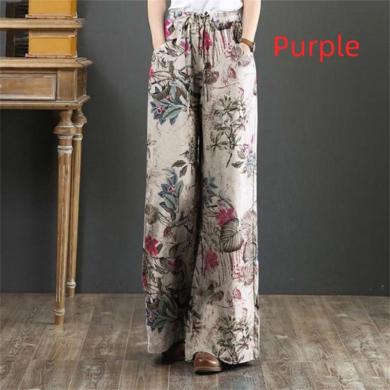Pantaloni cu imprimeu floral Pantaloni largi din bumbac cu talie inalta