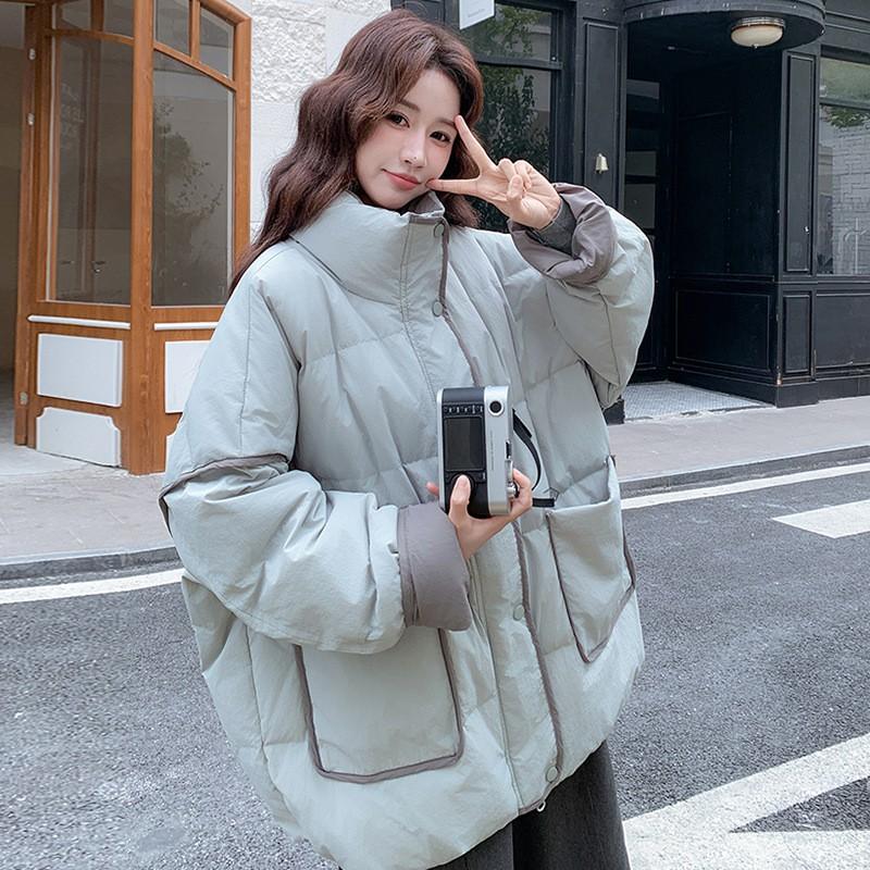 Womens Plus Size Color-Block White Duck Down Coat Mid-Length Stand Collar Warm Winter Jacket
