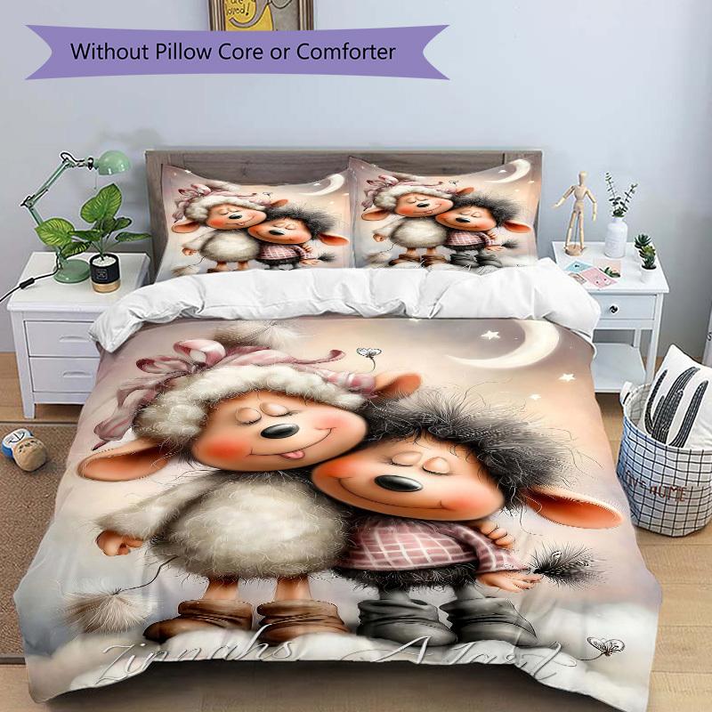 3pcs Anime Cartoon Sheep Bedding Set - Includes One Quilt Cover and Two Pillowcases (No Core) - Home Decor, Festival Gift, Polyester Fabric