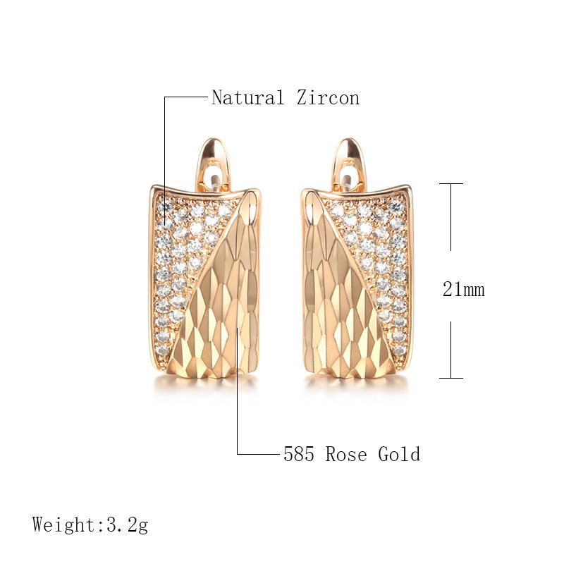 Hot Smooth Square Pattered Earrings For Women 585 Rose Gold Natural Zircon Stud Earrings Ethnic Bride Wedding Jewelry