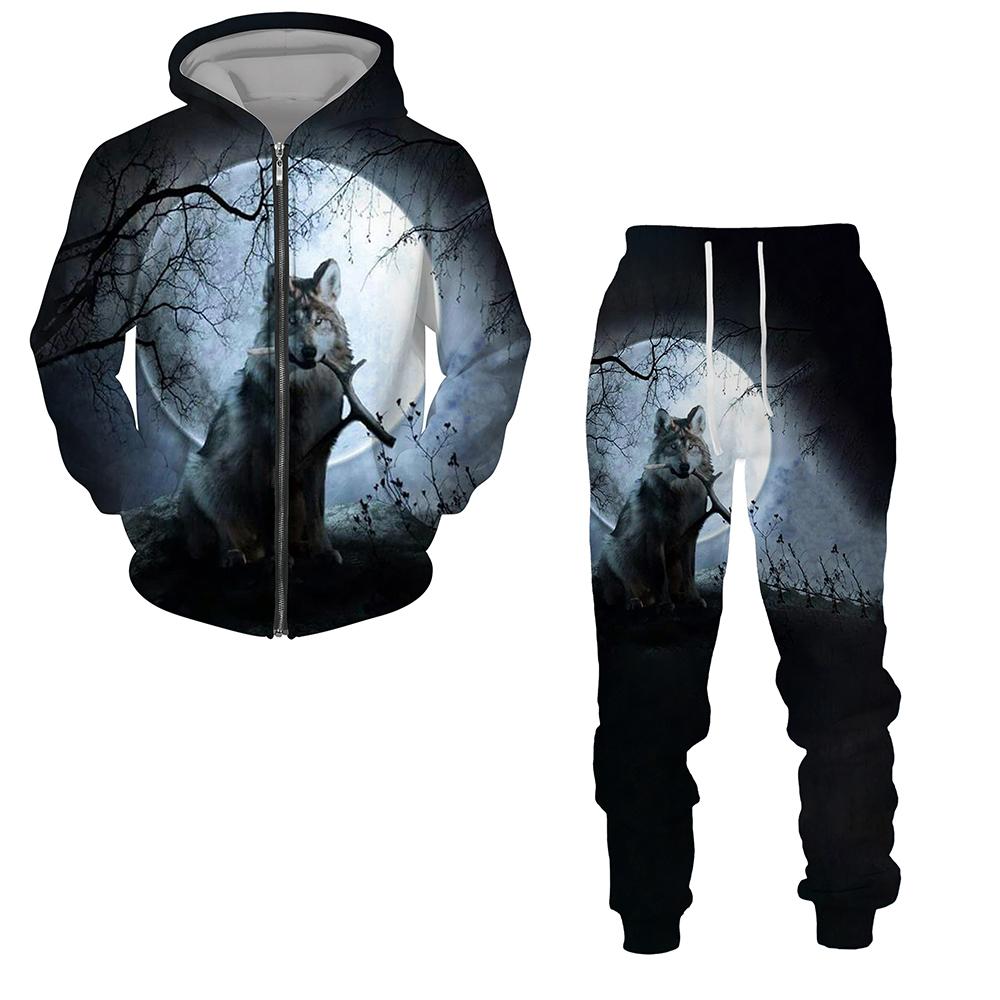 Dragkedja Luvtröja Träningsoverall Herr Kvinnor 3D-tryck Varg Lösa Par Luvtröjor +byxor Casual Hip Hop Streetwear Sweatshirts Kostymer