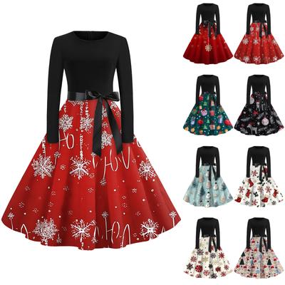 Women's Fashionable And Elegant Autmn And Winter Long-sleeved Round Neck Christmas Print Dress