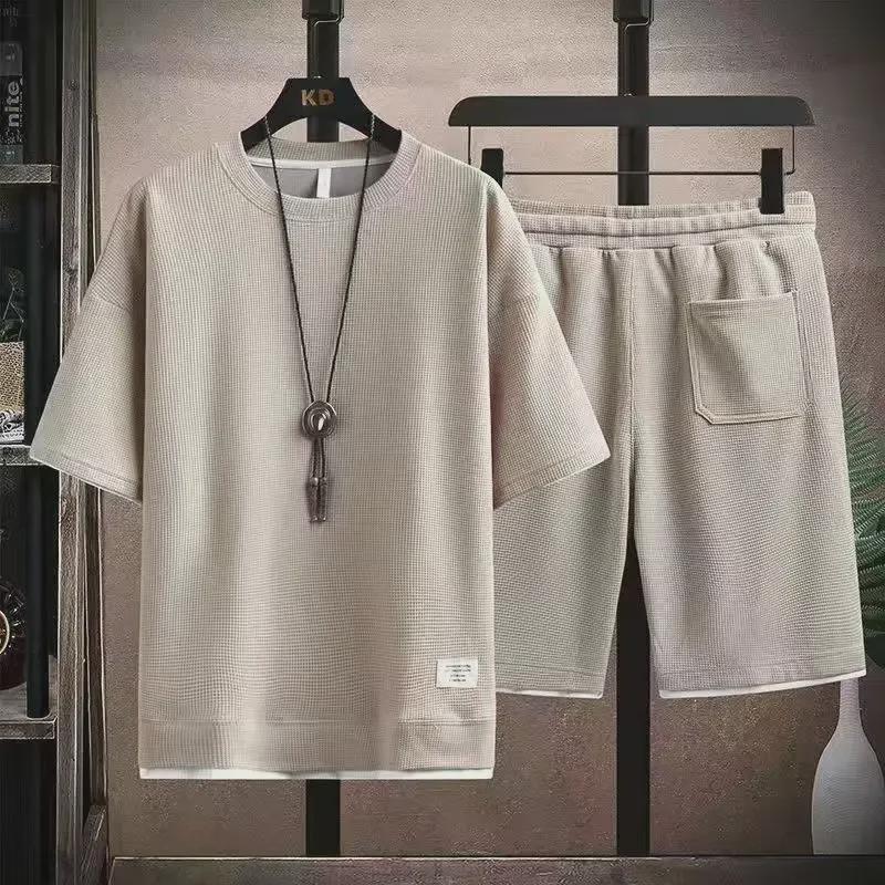 Hong Kong Style Waffle Casual Couple Suit with Loose Five-Point Shorts and Short-Sleeved Two-Piece