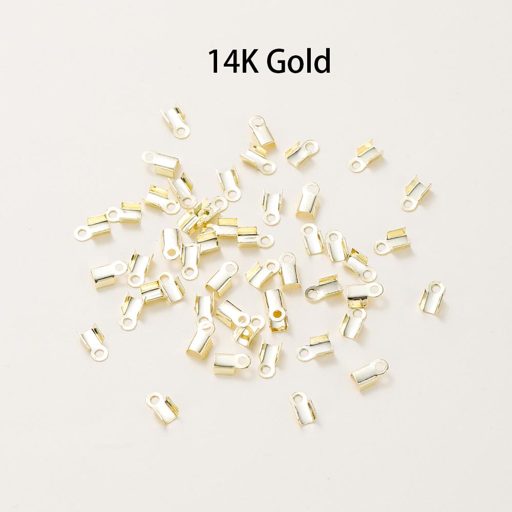 50pcs/lot 14K 18K Real Gold Leather Cord Crimping End Cap Clips Bracelet Fold Crimping Clasp Beads For Jewelry Handmade Findings