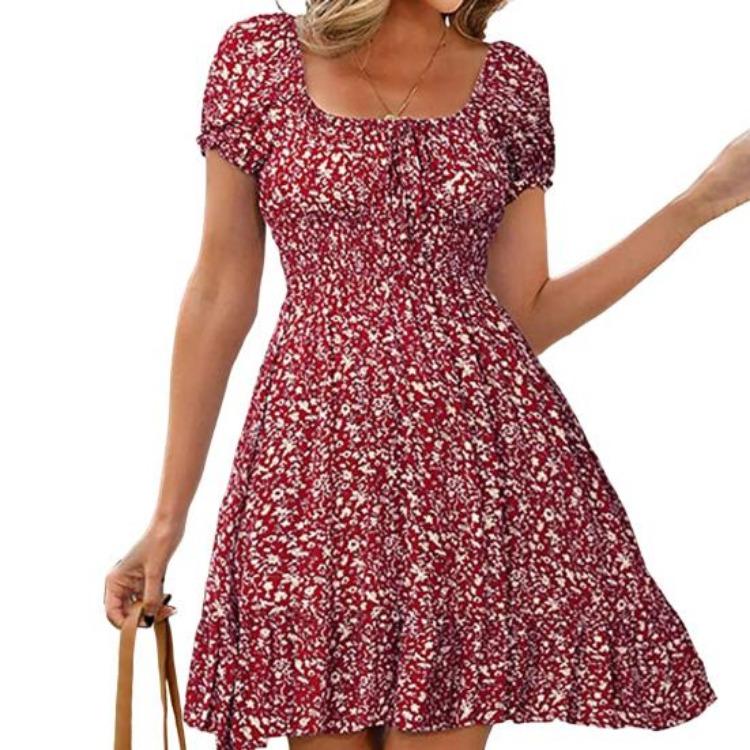 Square Neck Boho Floral Summer Dress Women Short Sleeve Smocked Swing A Line Flowy Ruffle Beach Sundress
