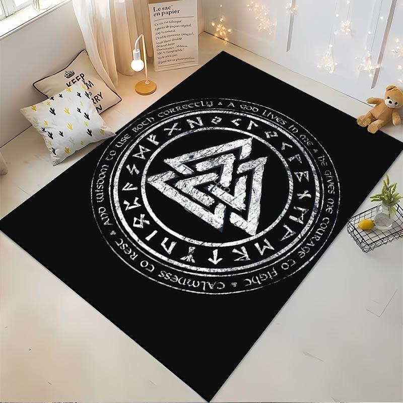 Viking Valknut Symbol Carpet with Runes, Black Nordic Decor Rug Suitable for use as an anti-slip for living room bedroom sofas
