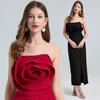 Summer Women 3D Rose Flower Sexy Strapless Open Back Slim Bodycon Split Evening Party Pencil Dresses