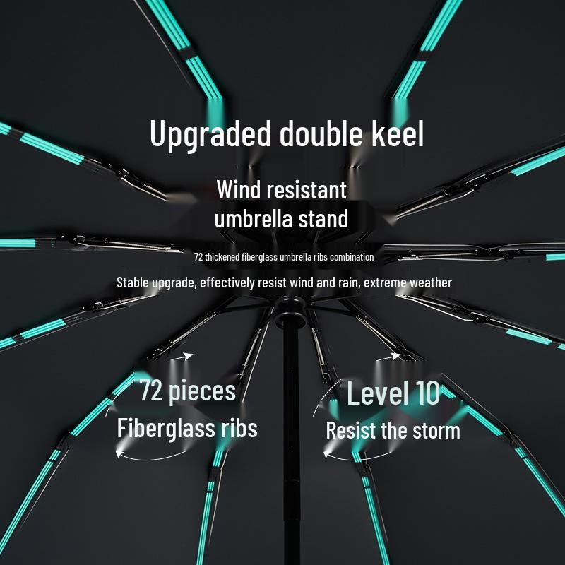 72-Rib Automatic Ring Buckle Umbrella: Portable, Reinforced, Dual-Use for Sun & Rain, Folding Hook Design for Men & Women