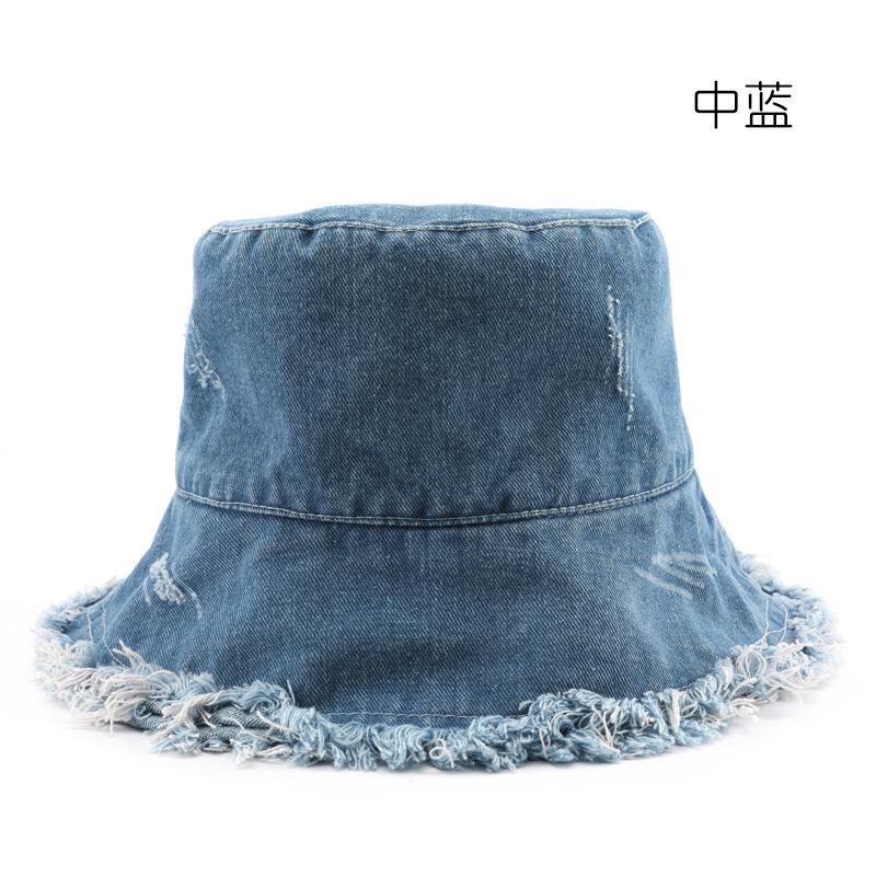 

Hat spring and autumn solid color washed hole denim rough edge bucket hat outdoor sports leisure sunshade basin hat середній синього кольору