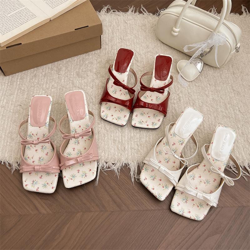 Fashion New Style Popular French Pink Bow Diamond High-heeled Slippers with Exposed Toes Sandals Shoes for Women Sandal Zapatos Mujer