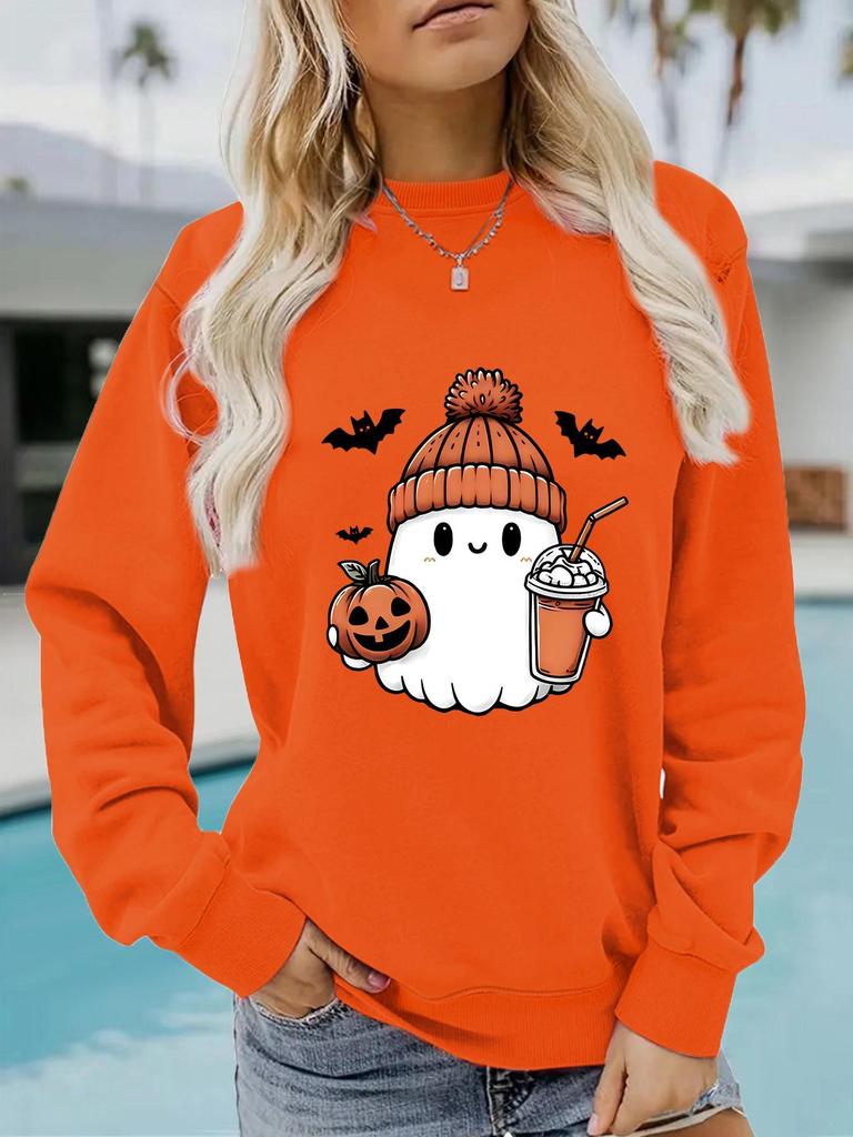 European and American Autumn/Winter Women's Cartoon Print Pullover Sweatshirt with Long Sleeves and Round Neck for Halloween