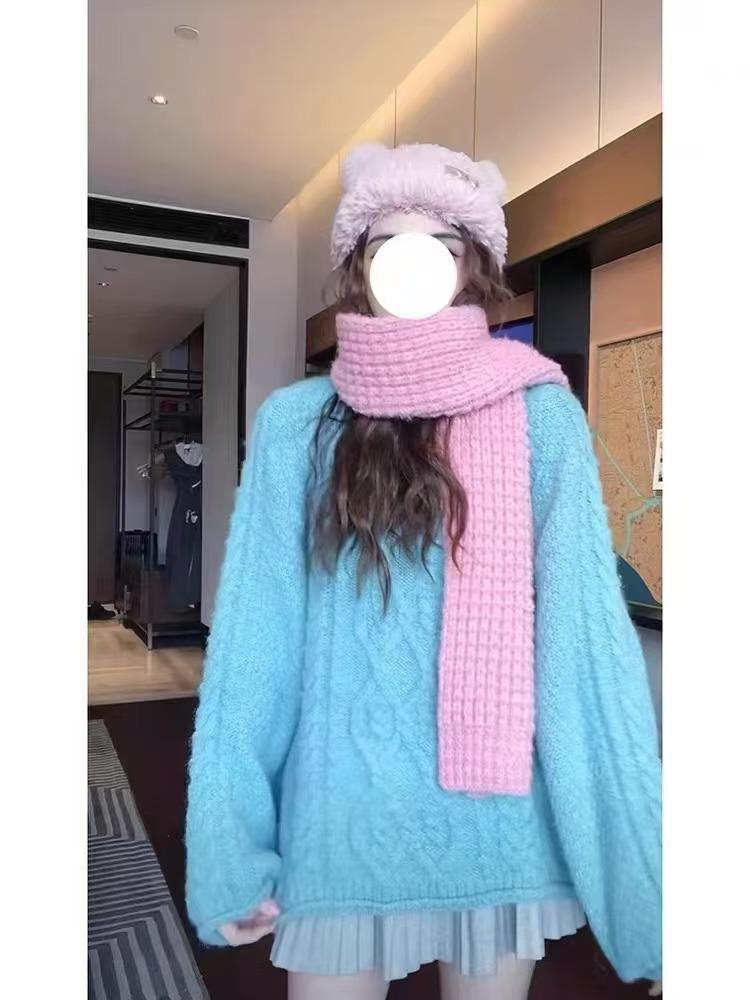 YUNSHU Retro Twisted Round-Neck Pullover Sweater for Women - Soft, Thick, Loose-Fit Knitted Top for Autumn and Winter