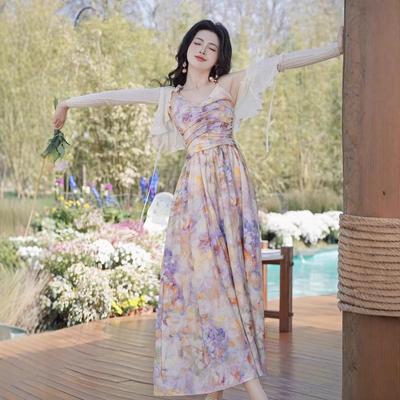 French Retro and Beautiful Oil Painting Floral Suspender Dress New Summer Beach Vacation Beach Skirt