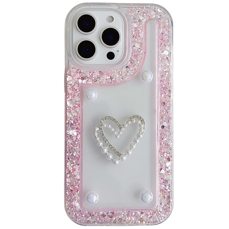 Heart-Shaped Glitter Rhinestone Transparent iPhone 16 Case, Compatible with Models 11-15
