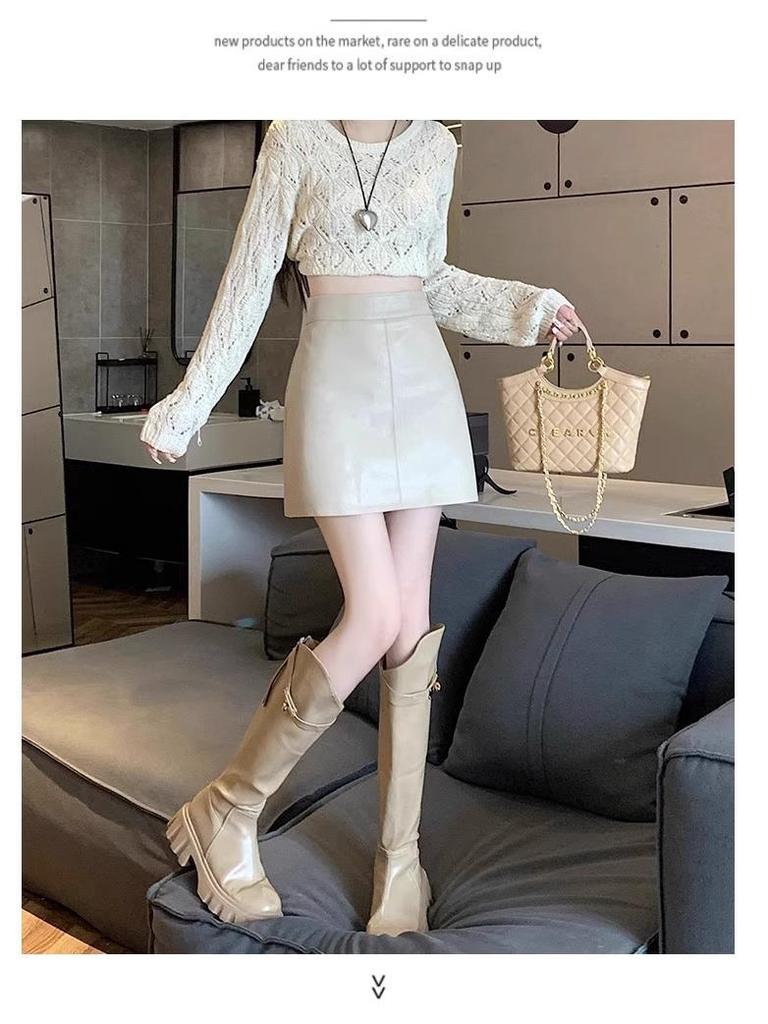 Women's High-Waist Black PU Leather A-Line Skirt – Autumn/Winter 2023, Korean Style, Slim Fit, Anti-Exposure, Short Length