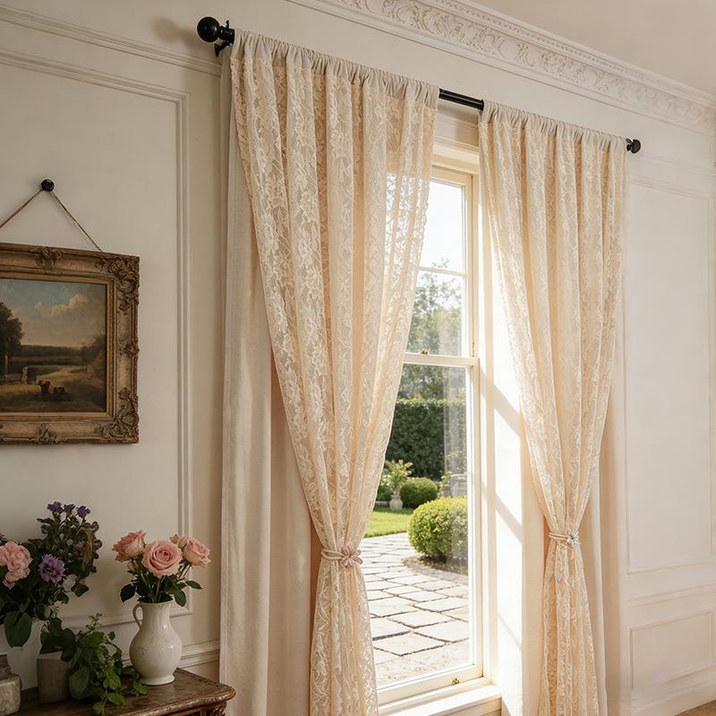 French Milk Tea Double Curtains Non-Punching Warp Knitted Lace Curtains Living Room Balcony Bedroom Finished Shading