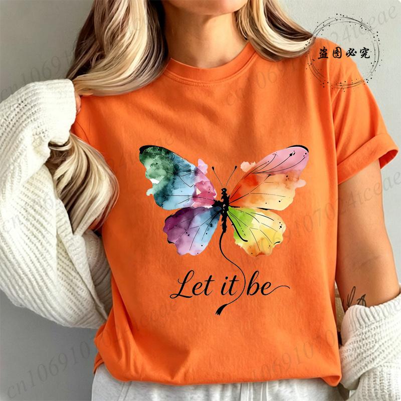 High Street T-Shirt Let It Be Rainbow Butterfly Print Shirt Fashion T-shirt Watercolor Butterfly Women Tee Summer Brand Tops