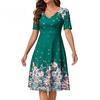 Women Short Sleeve A-Line Dress V-Neck Floral Print Knee-Length Dress Midi Beach Dress