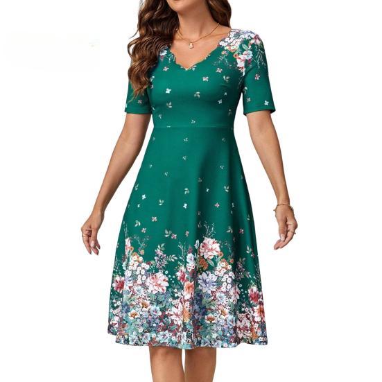 Women Short Sleeve A-Line Dress V-Neck Floral Print Knee-Length Dress Midi Beach Dress