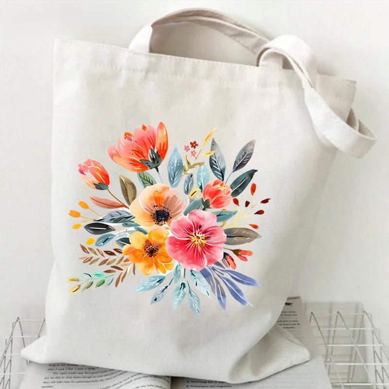 Elegant Wildflowers Aesthetic Canvas Handbag Reusable Floral Shopping Tote Bag for Women
