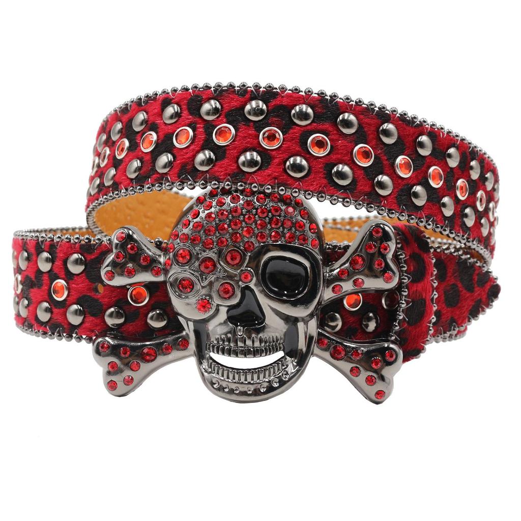 Women’s Skull Leopard Print Rhinestone Belt - Dark Punk Style, Fully Inlaid with Diamonds