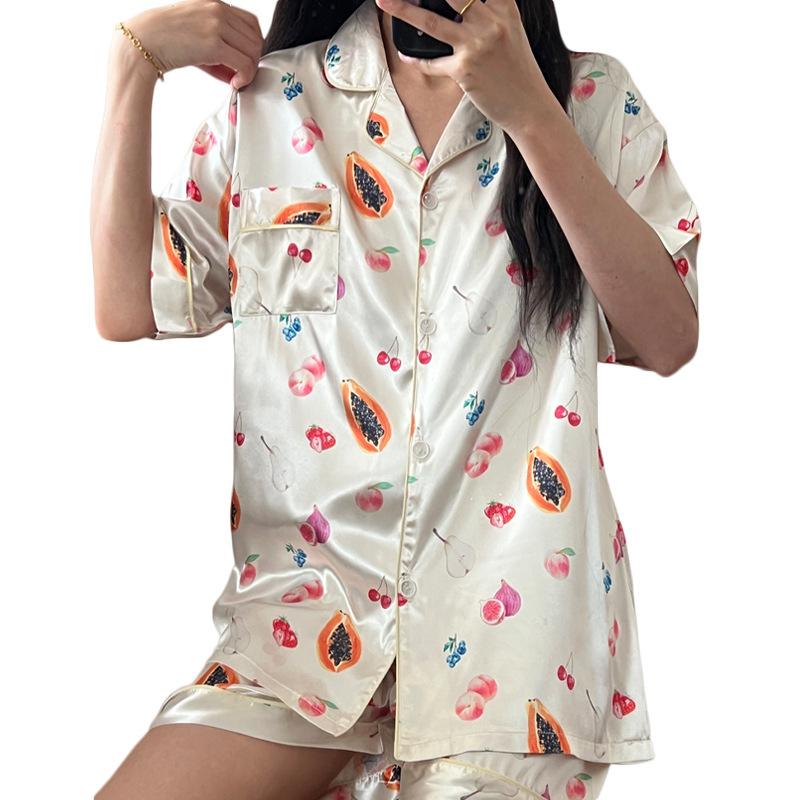 Sweet Girl Ice Silk Pajamas Women'S Summer Short-Sleeved Cardigan Fruit Paradise Printed Loungewear Set
