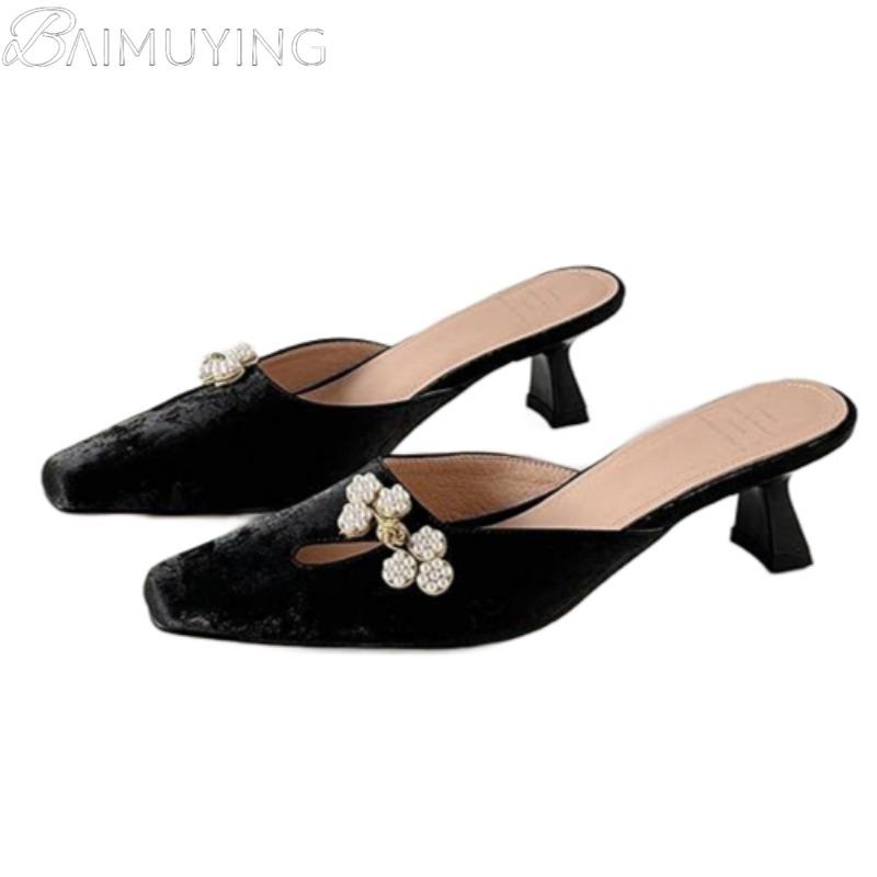 Fashion Square Toe Slippers Women Heeled Sandals Crystal Mules Mid Heels Shoes Summer 2025 New Elegant Dress Party Trend Pumps Mujer