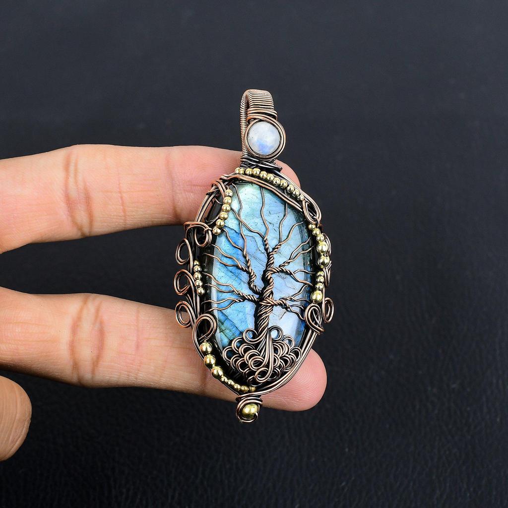 Labradorite Pendant, Handmade Gemstone 999 Copper Wire Wrapped Pendant Antique Jewelry, For Gift Silver Jewelry