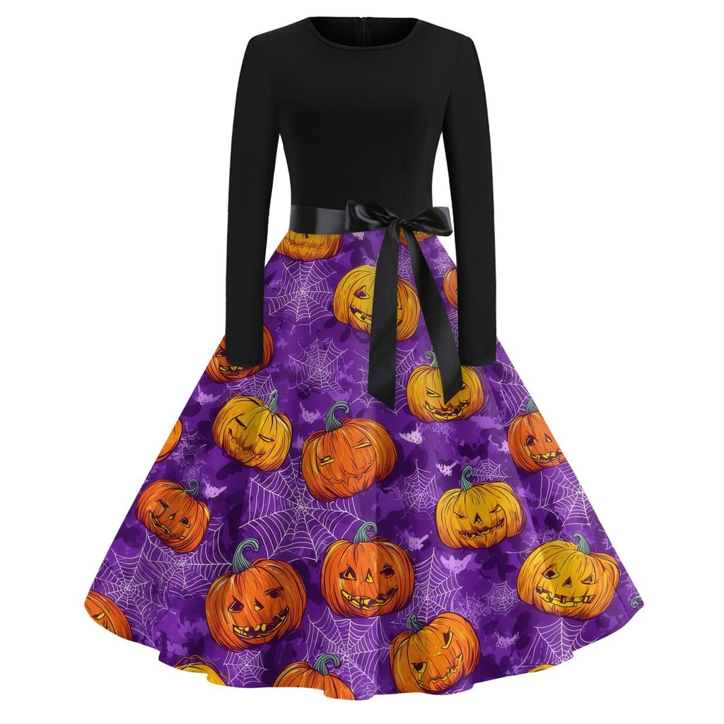 Women's Casual Halloween Print Retro Dress Long Sleeve Round Neck Vintage Style Midi Dress with Belt and Flared Skirt Suitable for Seasonal Wear