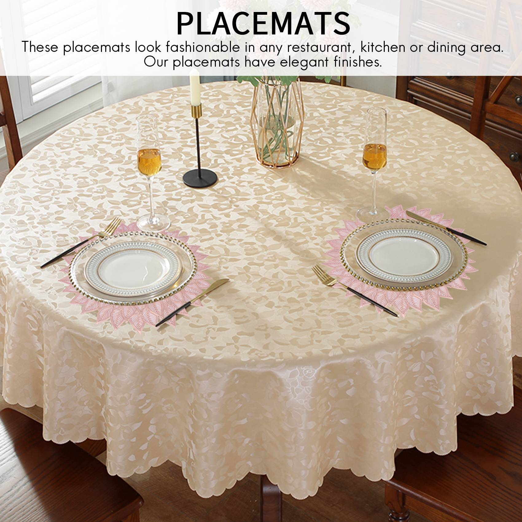 

Placemats Set of 6, Round Hollow Out Flowers Place Mats for Dining Table Pressed Rose Gold-A22G Diameter140cm