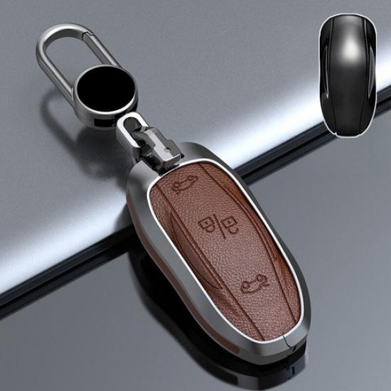 Zinc Alloy Leather Car Smart Key Fob Case Cover Bag For Tesla Model S Model 3