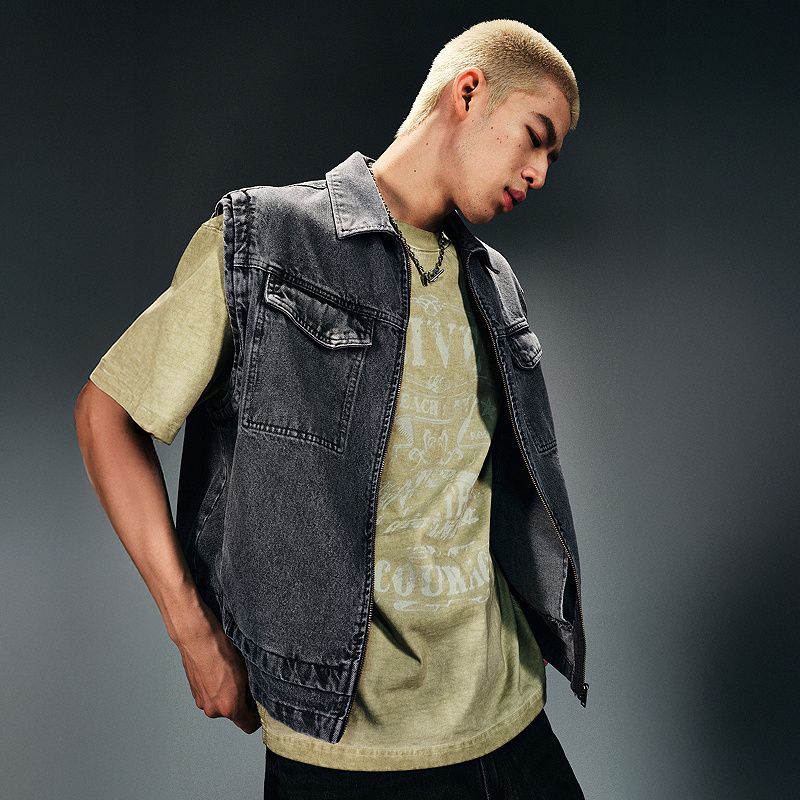 

HM Men s Waistcoat 2025 Fall New Patchwork Fabric Fashion Casual Loose Denim Jacket 1290266 Black XS(165/84)