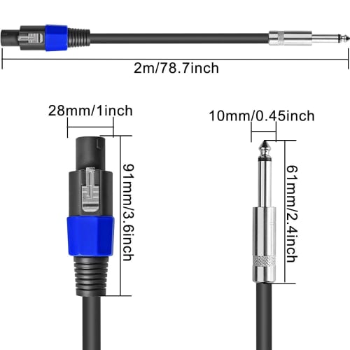 Xiatiaosann Kabel głośnikowy Speakon na wtyk TS 6,35 mm, Kabel głośnikowy mono Speakon męski z zamkami obrotowymi do głośników DJ/PA, Wzmacniacz audio C
