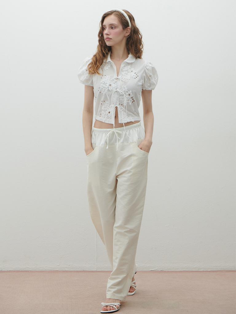 HHIPS Silk Color Block Nylon Wide Pants (Ivory)