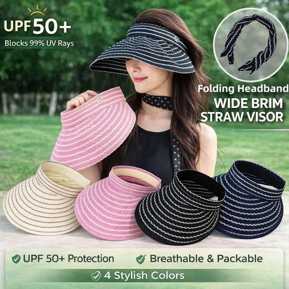 Folding Headband Sun Visor Hat Wide Brim Bucket Hat Trendy Women's Stripe Sun Hat Summer Outdoor
