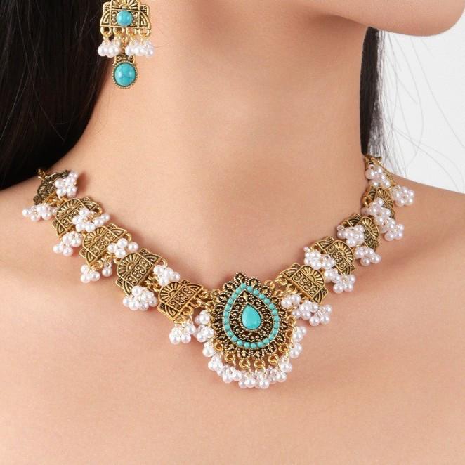 Bohemian Gold & Turquoise Retro Jewelry Set: European Ethnic Necklace & Earrings