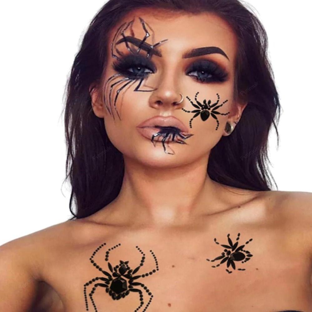 Black Halloween Temporary Tattoos 3D Jewelry Face Sticker Spider Face Gems Tattoos  Day of The Dead
